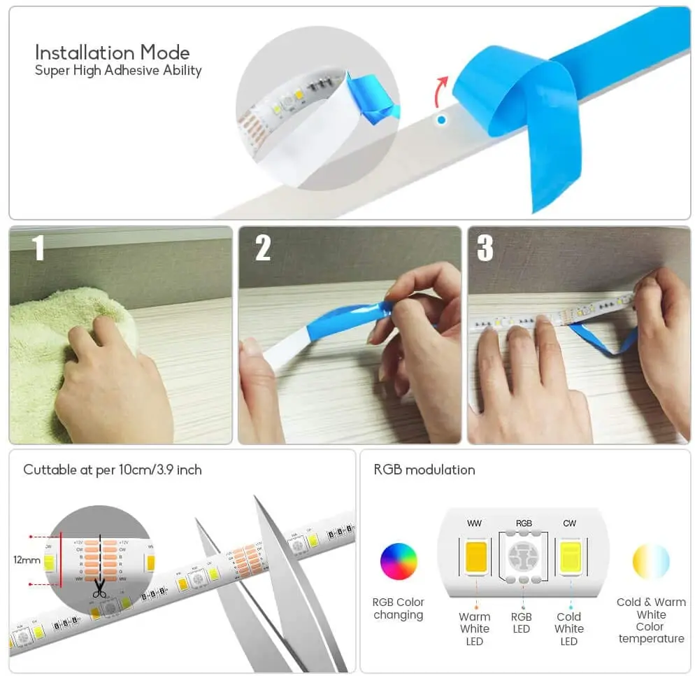 DC12V Tuya Wifi LED Light Strip +24Key Remote Control 5050 RGB+CCT RGBCW Temperature Adjustable 5M/roll for Echo Google Home