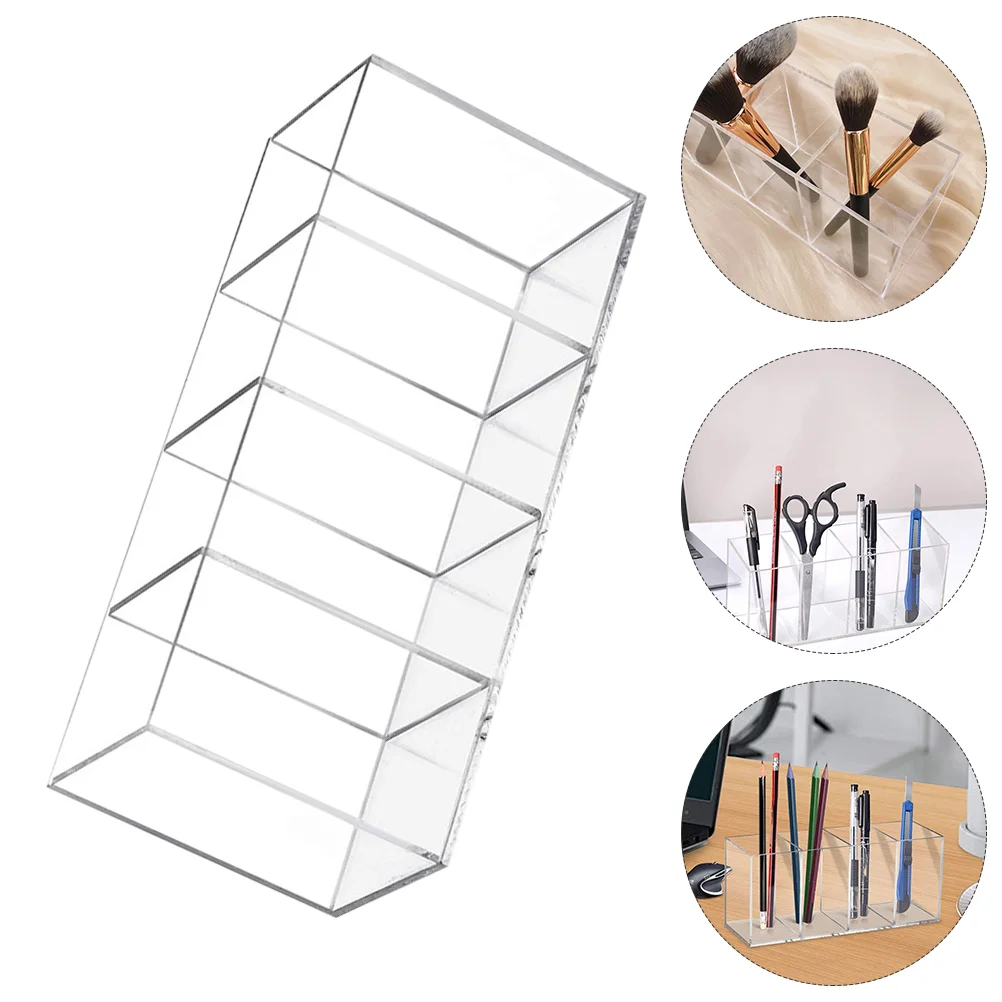 

Pen Holder Acrylic Brush Makeup Storage Box Countertop Container Desktop Clear Divided Desk 4-Compartment Organizer Case