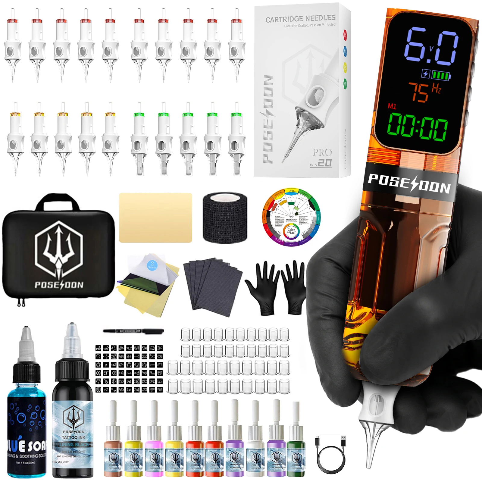 

POSEIDON Tattoo Kit Tattoo Pen Kit for Permanent Makeup Tattoo Machine Kit Wireless Tattoo Power Supply tattoo kit full set