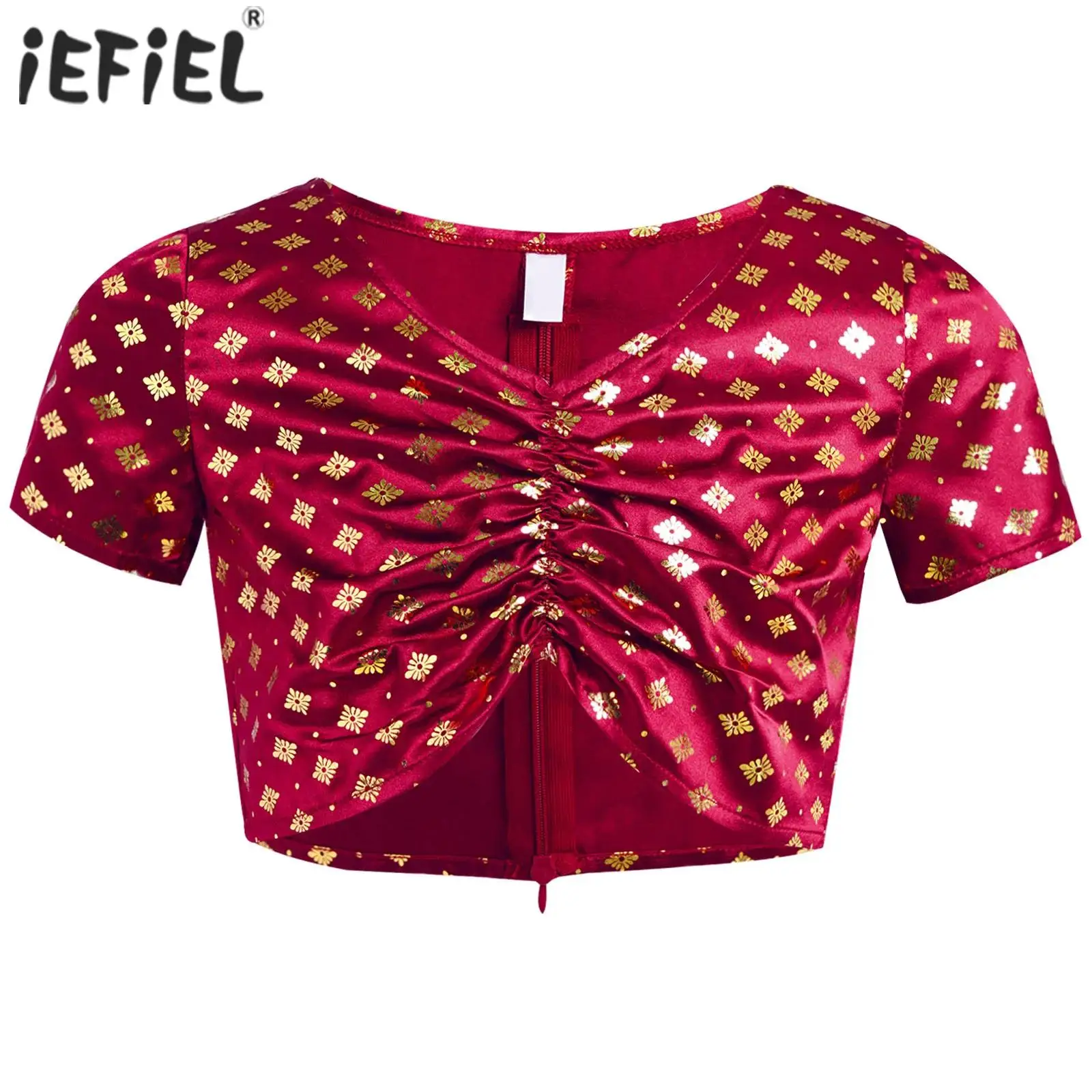 Kids Girls Indian Choli Short Sleeve Metallic Satin Crop Top for Halloween Cosplay Costume Role Play Party Masquerade Wedding