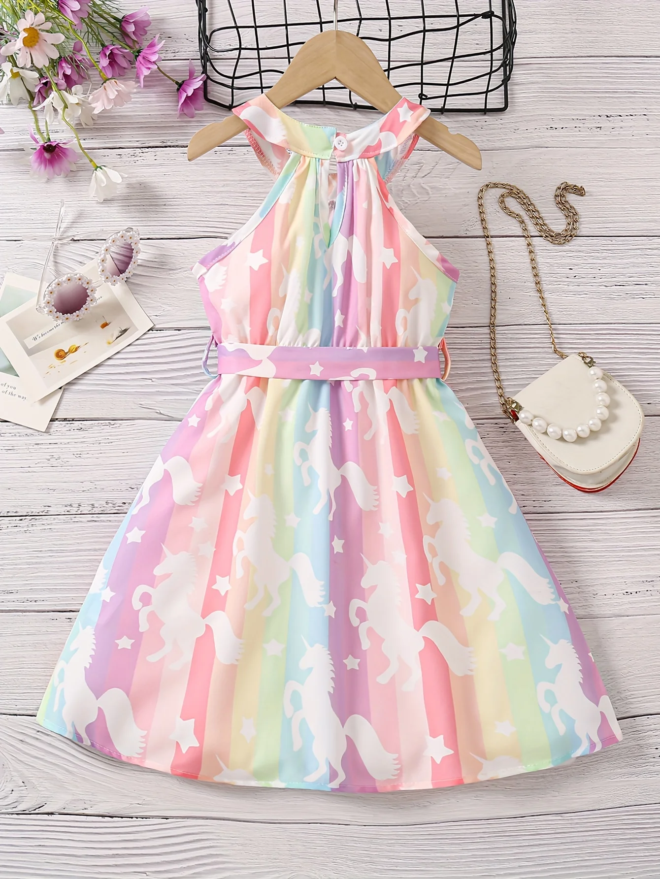 2024 Summer New Fashion Girl‘s Dress & Color Mixture and Sweet Candy Color & Unicorn Printing Sweet dream princess style