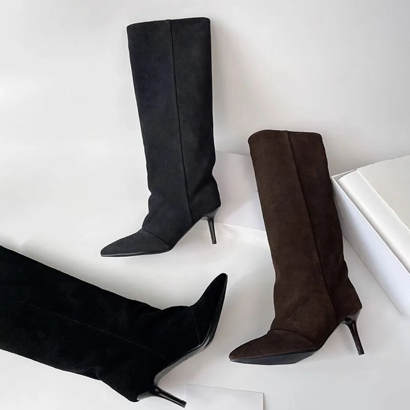 Aneikeh 2026 موضة الشتاء أشار تو الركبة عالية النساء الأحذية رقيقة الكعوب أحذية الإناث التجاعيد الجوارب الطويلة Zapatos De Muje #3