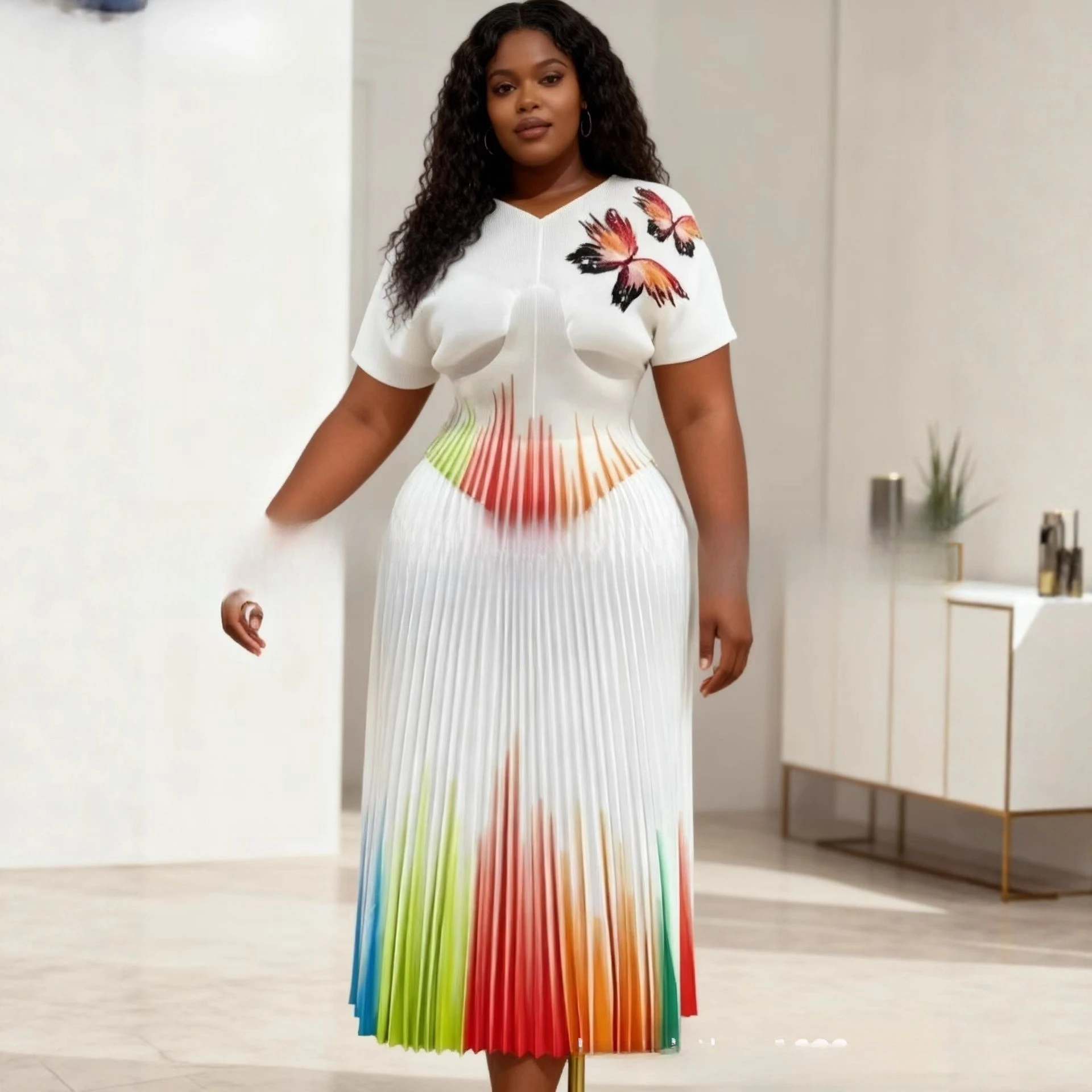 

Miyake Fold New 2025V Collar Bat Sleeve Fashion Waist Top Gradient Long Skirt Fold Two Piece Set Women's Large Size Pleated