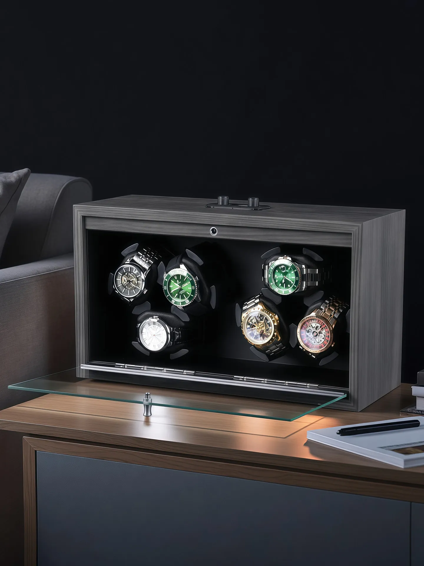 Lorvo6-Slot Smart Silent Watch Winder, Automatic Mechanical Watch Rotator with LED Light, Anti-Magnetic Winding Device Watch Box