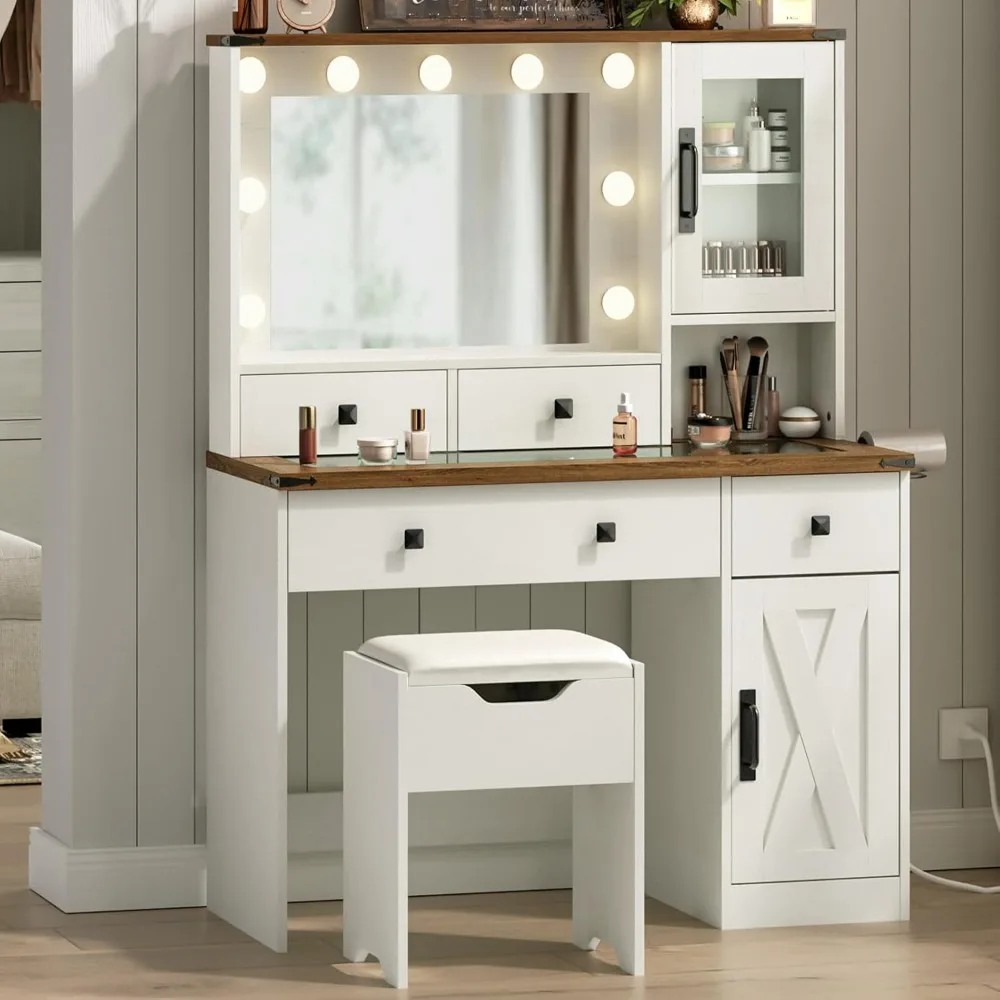 Dresser with illuminated mirror, Dresser with mirror and stool, Dressing table with mirror and light, Glass countertop