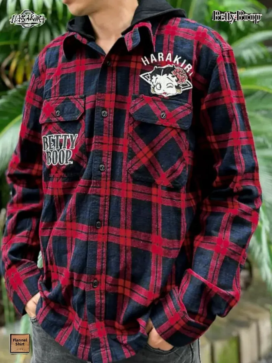 

Retro Bet Motorcycle Knight Heavyweight Embroidery Classic Plaid Pure Cotton Detachable Cap Workwear Long Sve irt