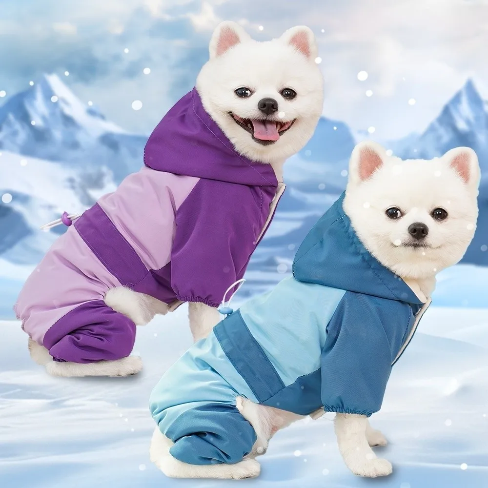 

Windproof Dog Hooded Jumpsuit Thick Velvet Winter Warm Dog Raincoat Adjustable Comfortable Dog Four Legged Clothes Outdoor