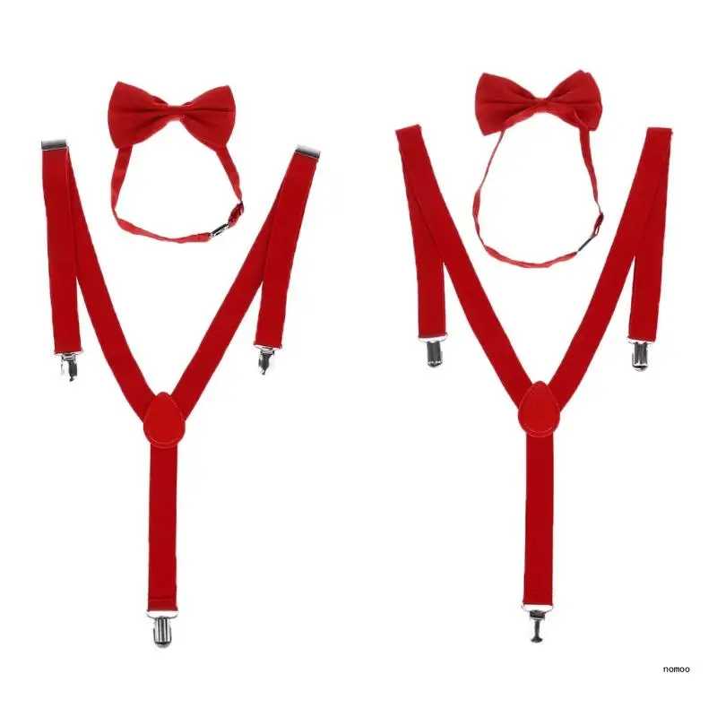 Unisex Adjustable Y-Back Suspenders Bow Tie Set Clip-On Braces Elastic Wedding