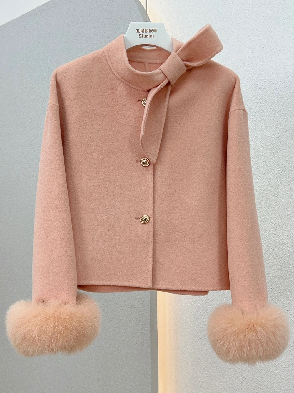 Wool Woolen Women coat fur jacket 2024 New Winter Real Natural Fox Fur Cuff Coat Ladies Outwear Female Coat Cashmere Luxury