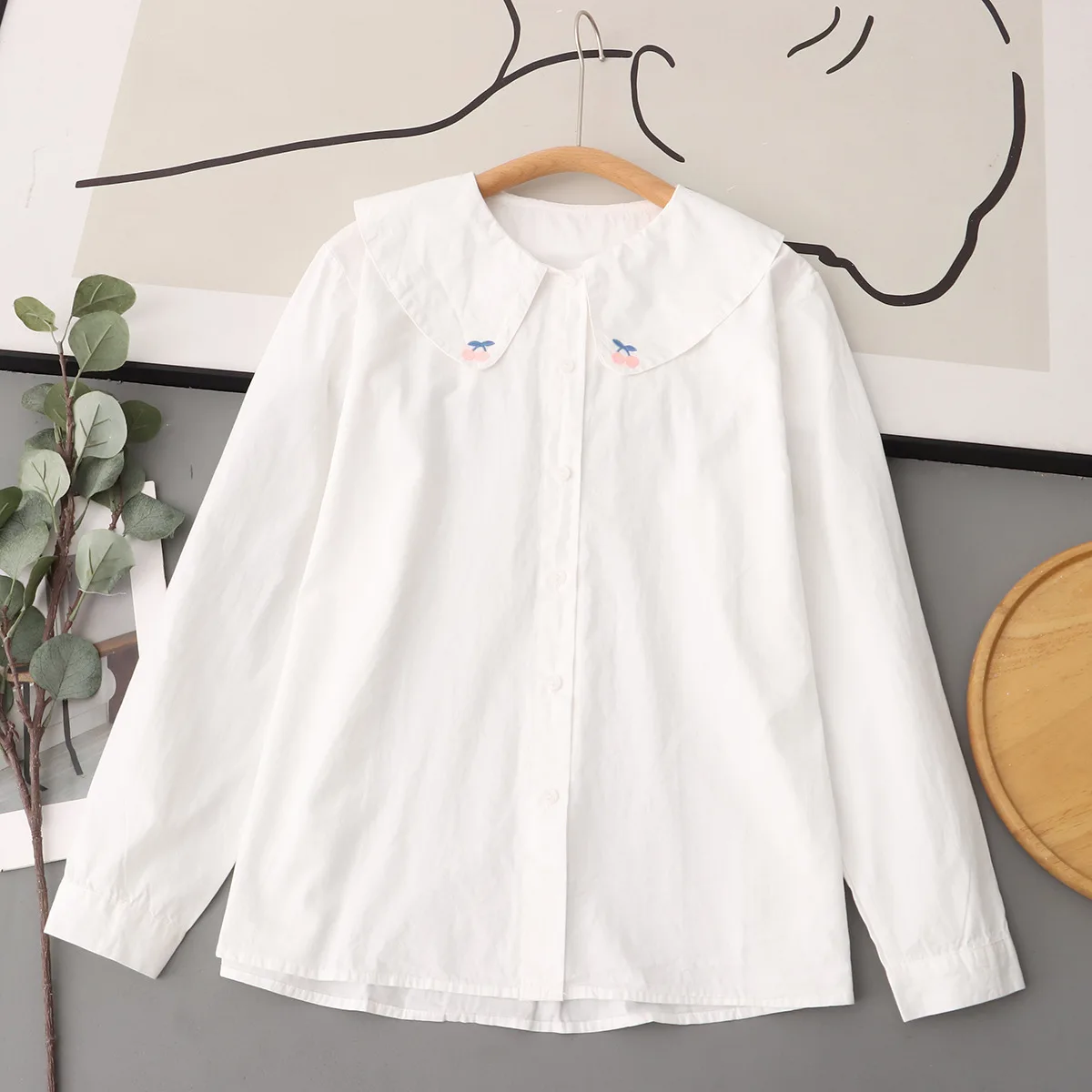 Autumn clothes for women kawaii peter pan collar cherry embroider white long sleeve shirts Japanese school uniform students