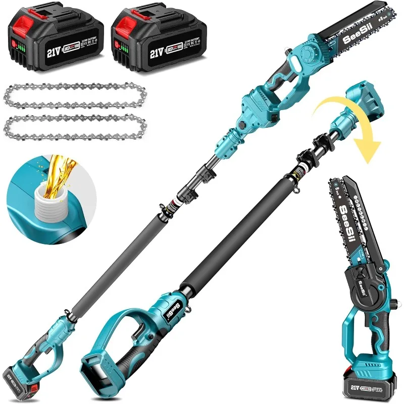 Cordless Electric Pole Saw para a poda da árvore, Mini motosserra, 2 baterias, 8 Polegada, 2 em 1