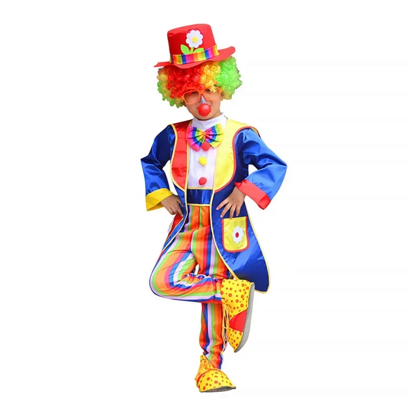 Funny Circus Clown Cosplay Costumes with Shoes Wig Nose Children's Day Party Halloween S-XXL for Boys Girls