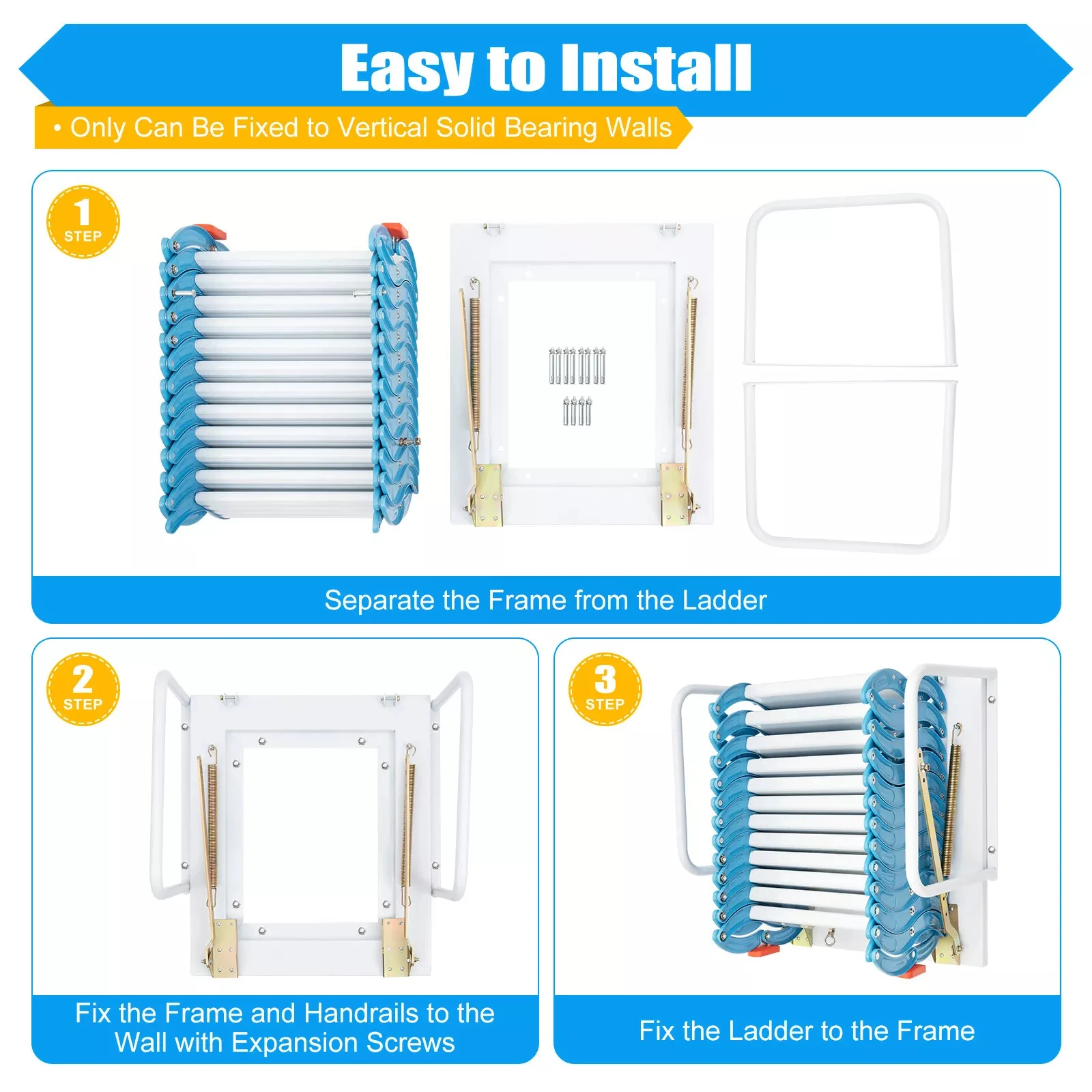 12-Step Wall-Mounted Attic Ladder: Folding Stairs with Pull-Down Design