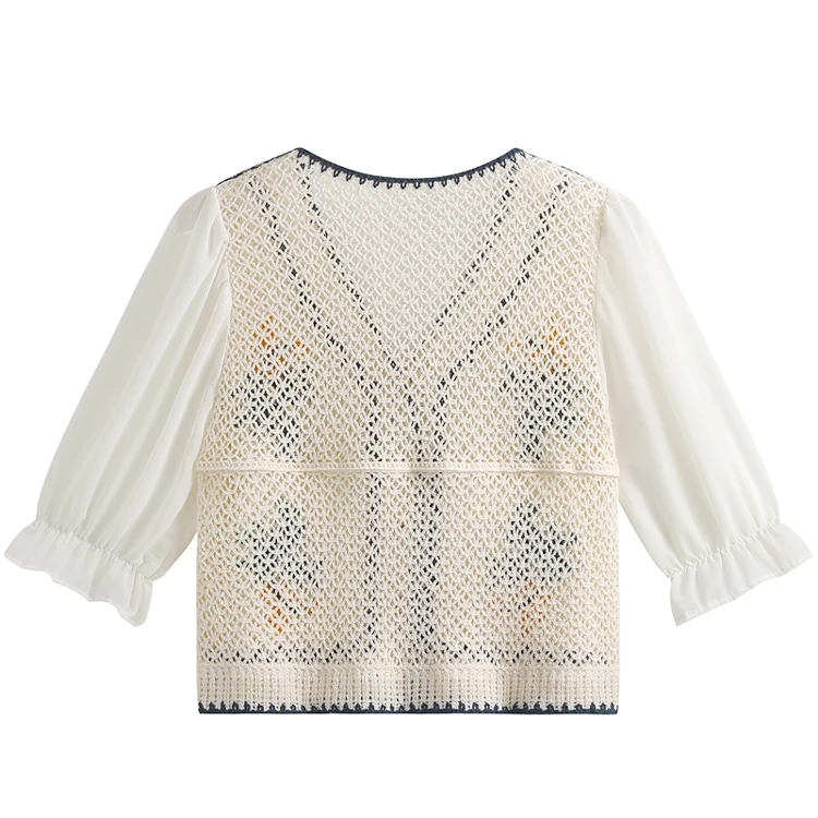 Top de crochê feminino bordado floral botão blusa de malha aberta cardigan adolescente primavera verão boho roupa de férias