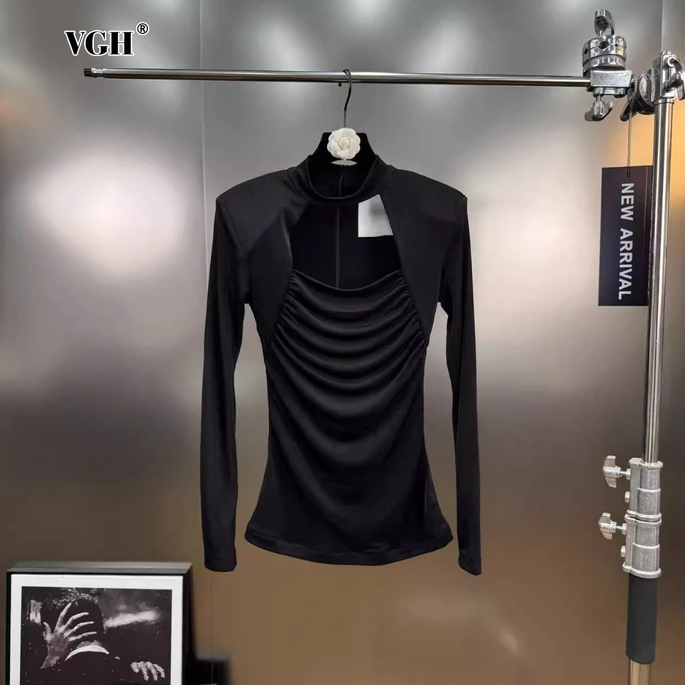 

VGH Autumn Fashionable Tees for Women Half High Neck Long Sleeve Folds Design Slim Temperament Black Color T Shirts Female Style