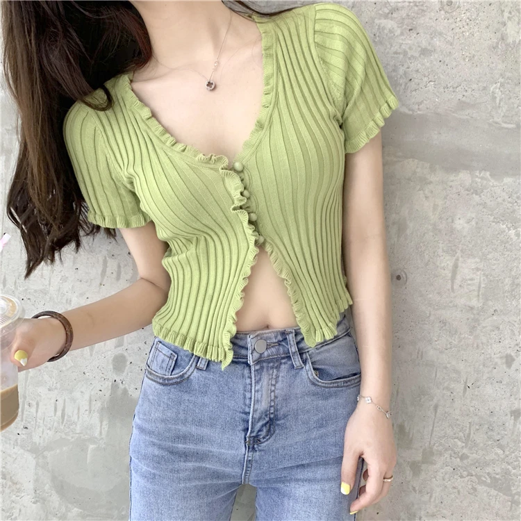 Short Sleeve Crop Knit Top Y2K 90s Button Front Rib-knit Fitted Shirt Women Teengirl Spring Summer Knitwear Outfit