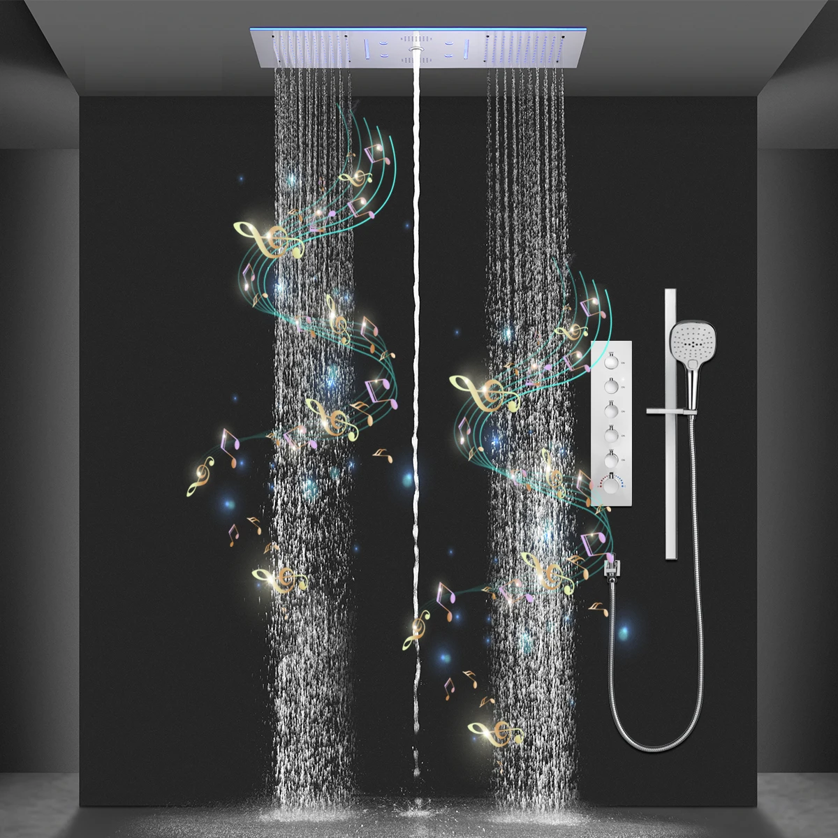 Bathroom Ceiling Shower Thermostatic Mixer 300*900MM Multifunction Rain Shower Set With Bluetooth Speaker With Slide Bar