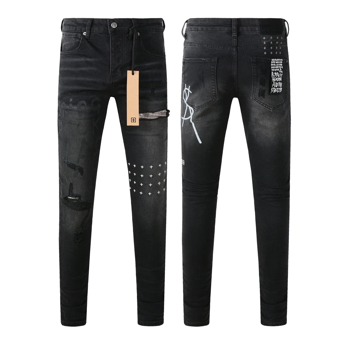 KSUBI Cross Jeans American High Street Paint Hole Trend Low Rise Skinny Denim Pants Pleated Ripped Letter Jeans