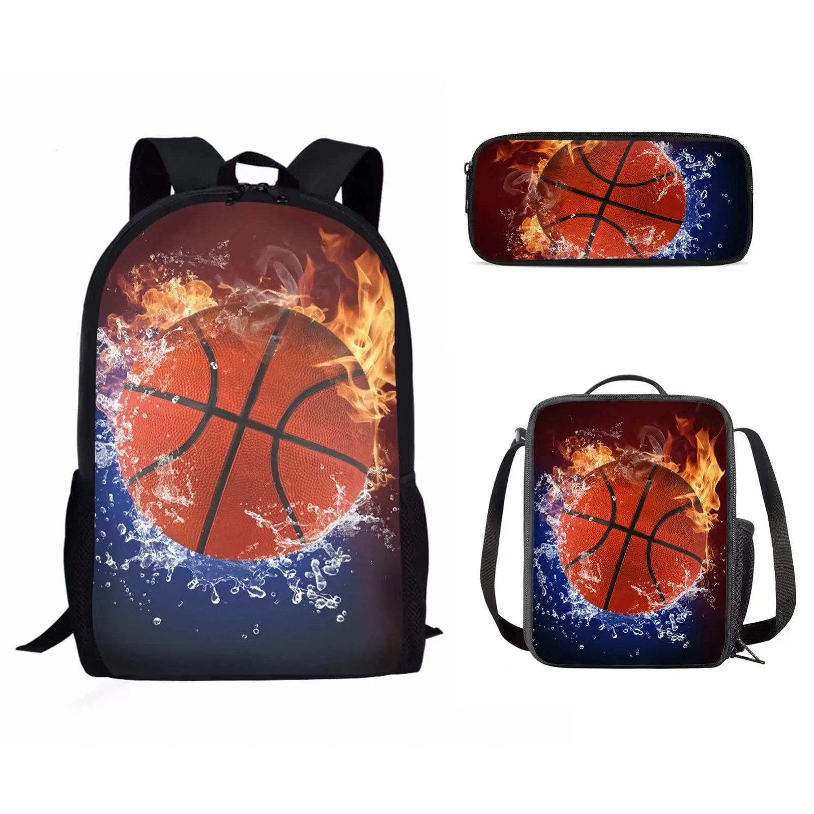 Conjunto de mochila escolar con estampado de fuego de baloncesto para niños, niñas, adolescentes, bolsa de libros para estudiantes, bolsa de almuerzo, bolsa de lápices, 3 piezas