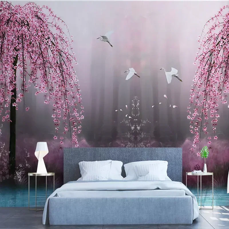 Papel tapiz de murales personalizados 3D, papel tapiz fotográfico de paisaje de Lago de los Cisnes, flor de cerezo rosa, sala de estar, TV, sofá,