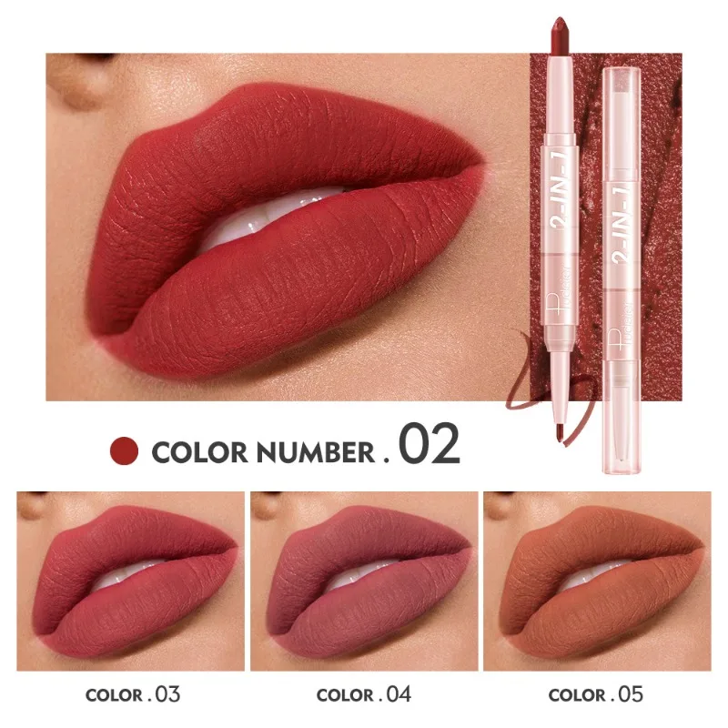 2 in 1 Double Head Lip Gloss Matte Velvet Waterproof Non Stick Cup Long-lasting Red Lip Glaze Lip Liner Cosmetic Women Makeup