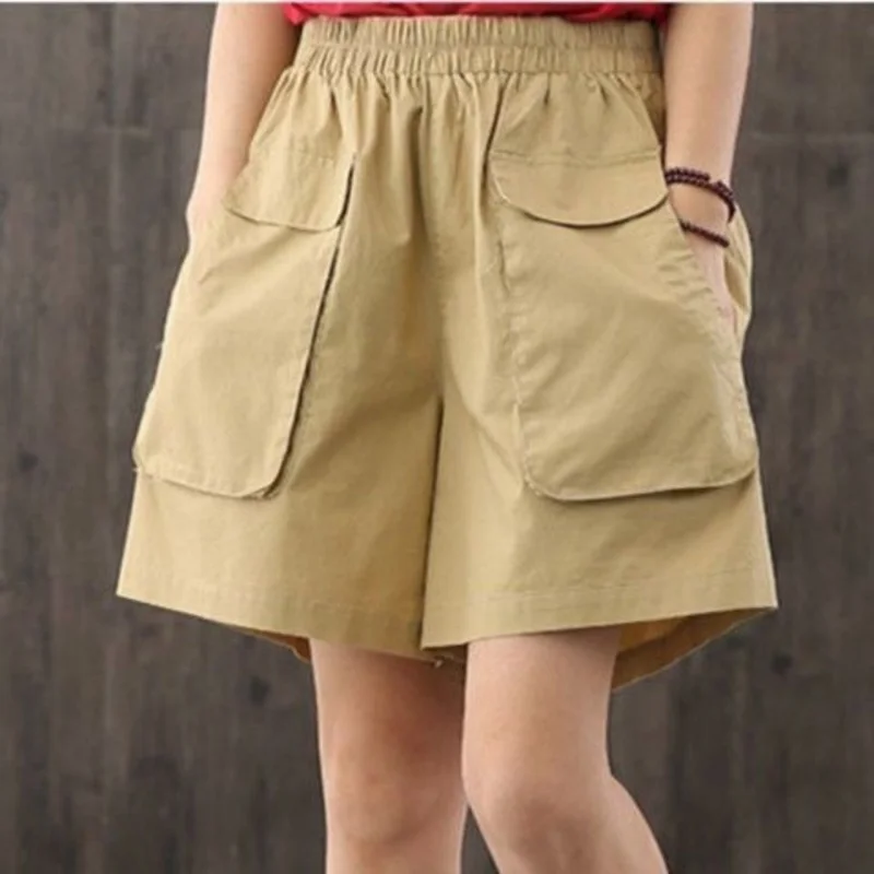Vintage Pockets Patchwork Shorts Summer New Solid Elastic Waist Loose All-match Black Wide Leg Pants Casual Trend Women Clothing