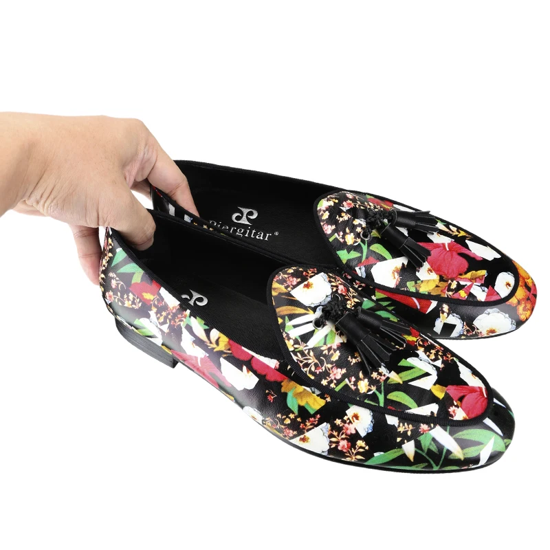 Piergitar Tropical Rainforest Printed Calfskin Men's Loafers With Handmade Leather Fringes Slip-On Slippers For Pary And Prom - view 4