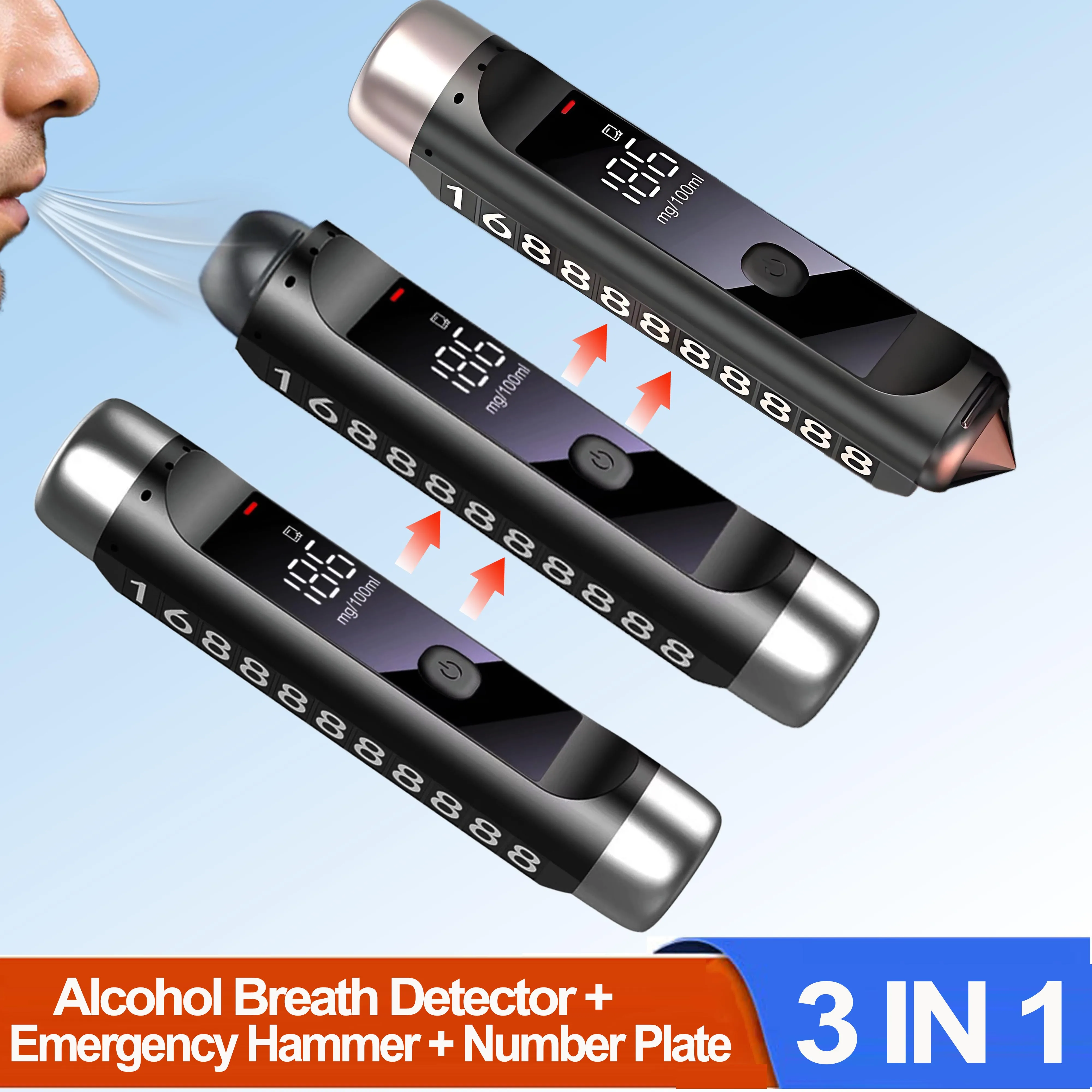 

Multi-function No-Contacted LCD Display Breathalyzer Alcohol Detector Temporary Parking Number Plate With Emergency Hammer