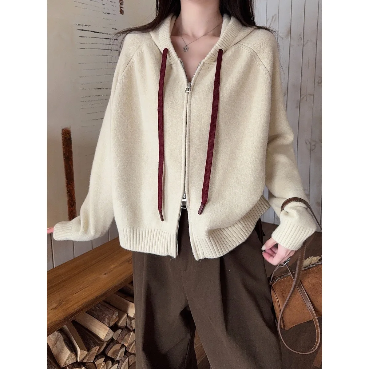 

Ladies' Loose Fit Knitted Sweater Jaet Double Zipper Hooded Casual Versatile Autumn Winter Faion Outerwear Comfortable Kn...