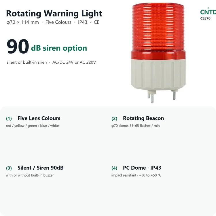 CNTD CLE70 Single-Layer Rotating Warning Light 5 Colours 90dB Beacon AC/DC 24V AC 220V IP43 Signal Lamp 70mm