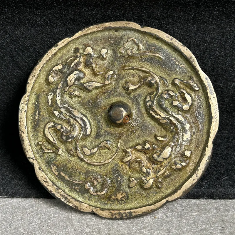 Bronze Crafts of the Han Dynasty Exquisite Green Rust, Gilded Bronze Mirror, Lace, Double Dragons, Rich and Rich