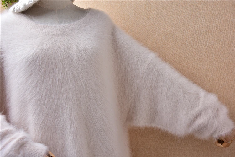 Elegant Casual Ladies Women Fall Winter Hairy Mink Cashmere Knitted Long Batwing Sleeves O-Neck Loose Pullover Jumper Sweater