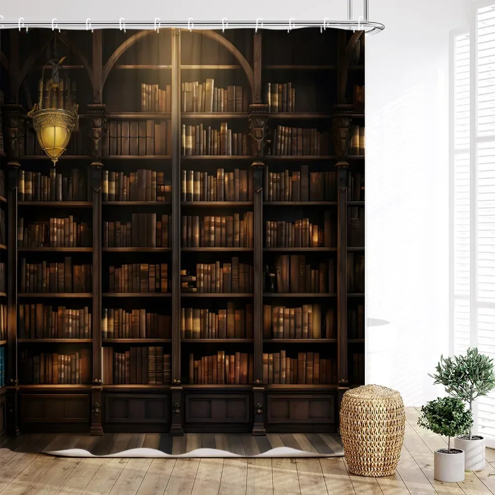 Library Shower Curtain, Vintage Books on Summer Vacation Attic Magic Candle Lights Ladder Print Bathroom Decor with Hooks