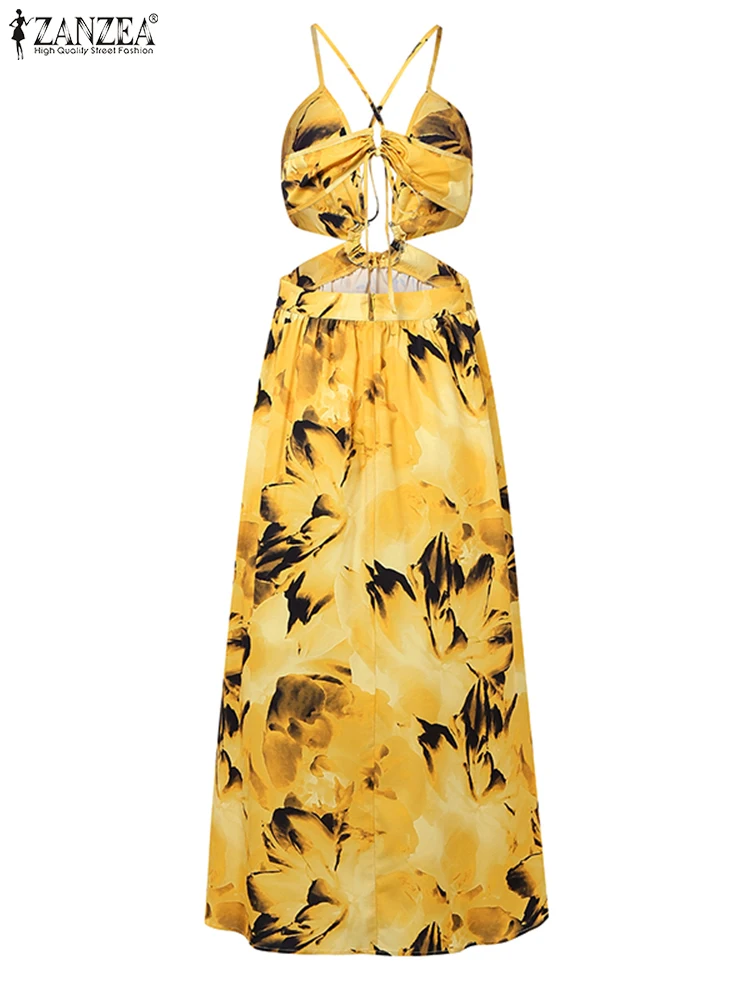 Vacation Deep V-neck Dress Women Split Hem Vestidos ZANZEA 2025 Vintage Floral Printed Sundress Loose Beach Robe