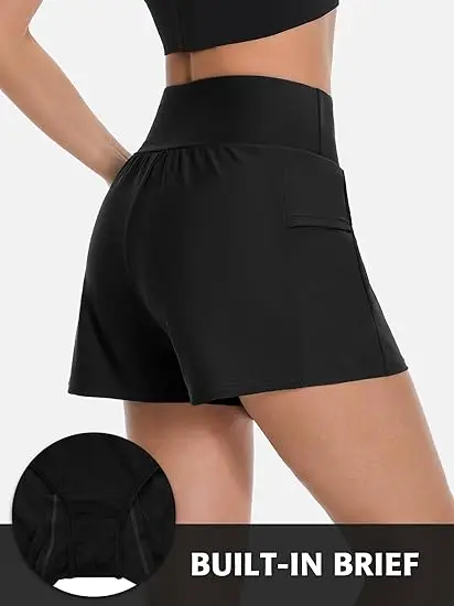 Anfilia Women Swim Shorts Quick Dry Swim Trunk 2 Hidden Pockets Swim Bottom with Built in Brief image 3