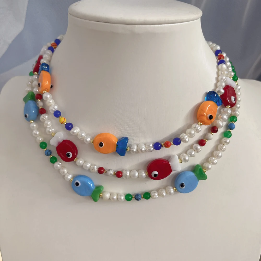 5 pcs/lot Trendy Ocean Jewelry Colorful Fish Pendant Necklace with Freshwater Pearls Glass Beads for Women