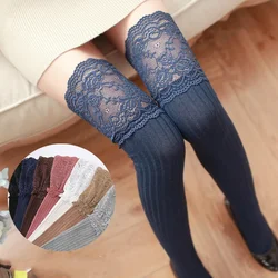 Classic Striped Pattern Thigh High Stockings Sweet Japanese Lace Sexy Cotton Over The Knee Stockings 7 Colors