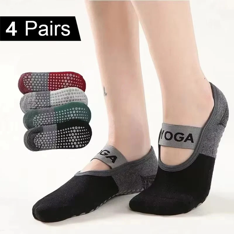4 Paar Damen Anti-Rutsch-Yoga-Socken, rückenfrei, Bandage, Pilates-Socken, Damen, Ballett, Tanz, Fitness, Slipper, Baumwolle, Sportsocken