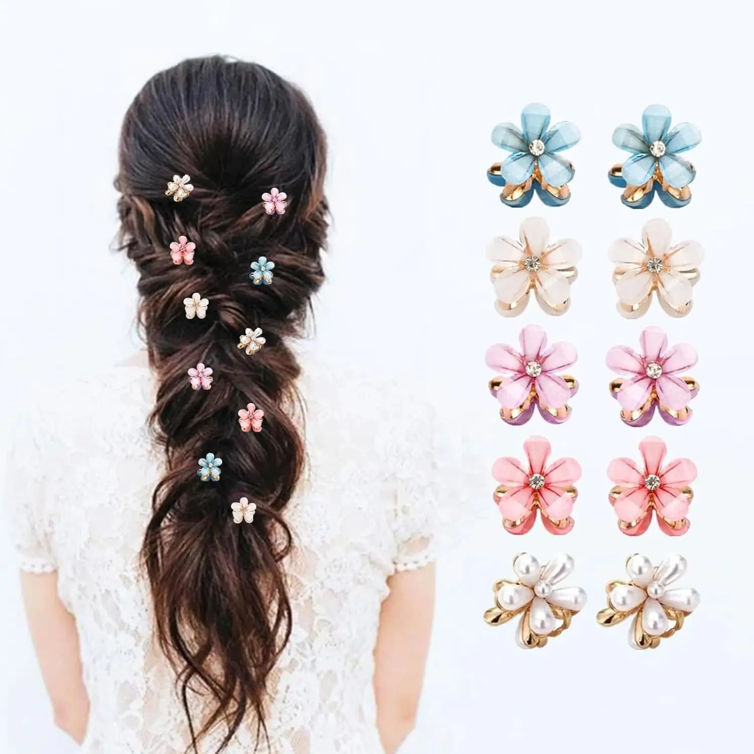

Mini Flower-Shaped Hair Clips for Girls, 10 Pcs Crystal Barrettes, Pearl Hairpins, Mix Colors