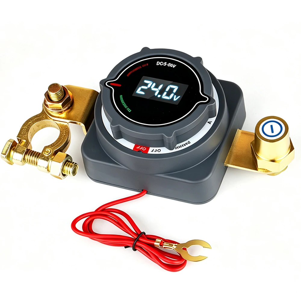 Digital Top Post Battery Disconnect Switch with Voltmeter 5-80VDC On Off Kill Switch for Marine Boat RV Car Truck Trailer