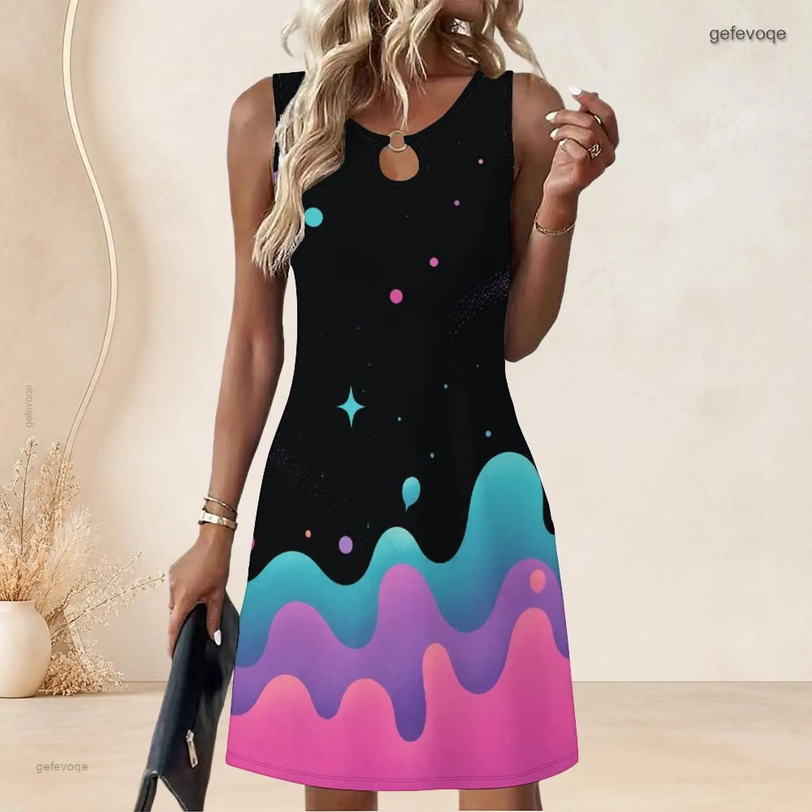 Women Sleeveless A Line Mini Dress O Ring Keyhole Neckline Loose Swing Short Dress Custom Print Ladies Casual Daily Dress
