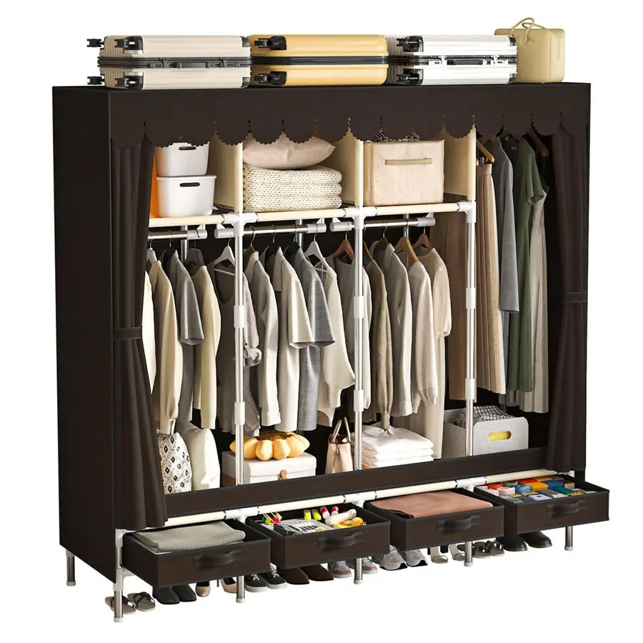 

Wardrobe with 4 Drawers, 4 Hanging Rods 67 Tall Sweater Organizer, Sturdy Easy Temporary Bedroom Wardrobe Organizer, Brown