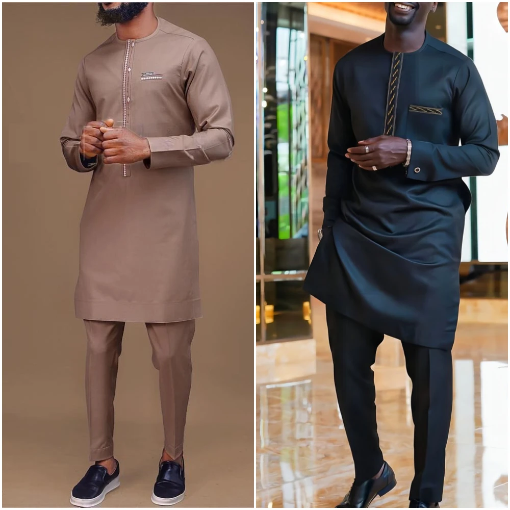 

Kaftan 2PCS Set Men Outfit Embroidered Long Sleeved Top Pants Kaunda Suit African Casual Cloth Wedding Suit Dashiki Traditional