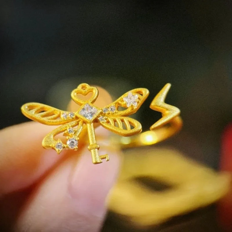 Luxury Design Inlaid Zircon Dragonfly Key Shape Open Ring Women's High End Afternoon Tea Eye-catching Banquet Jewelry Ring Gift