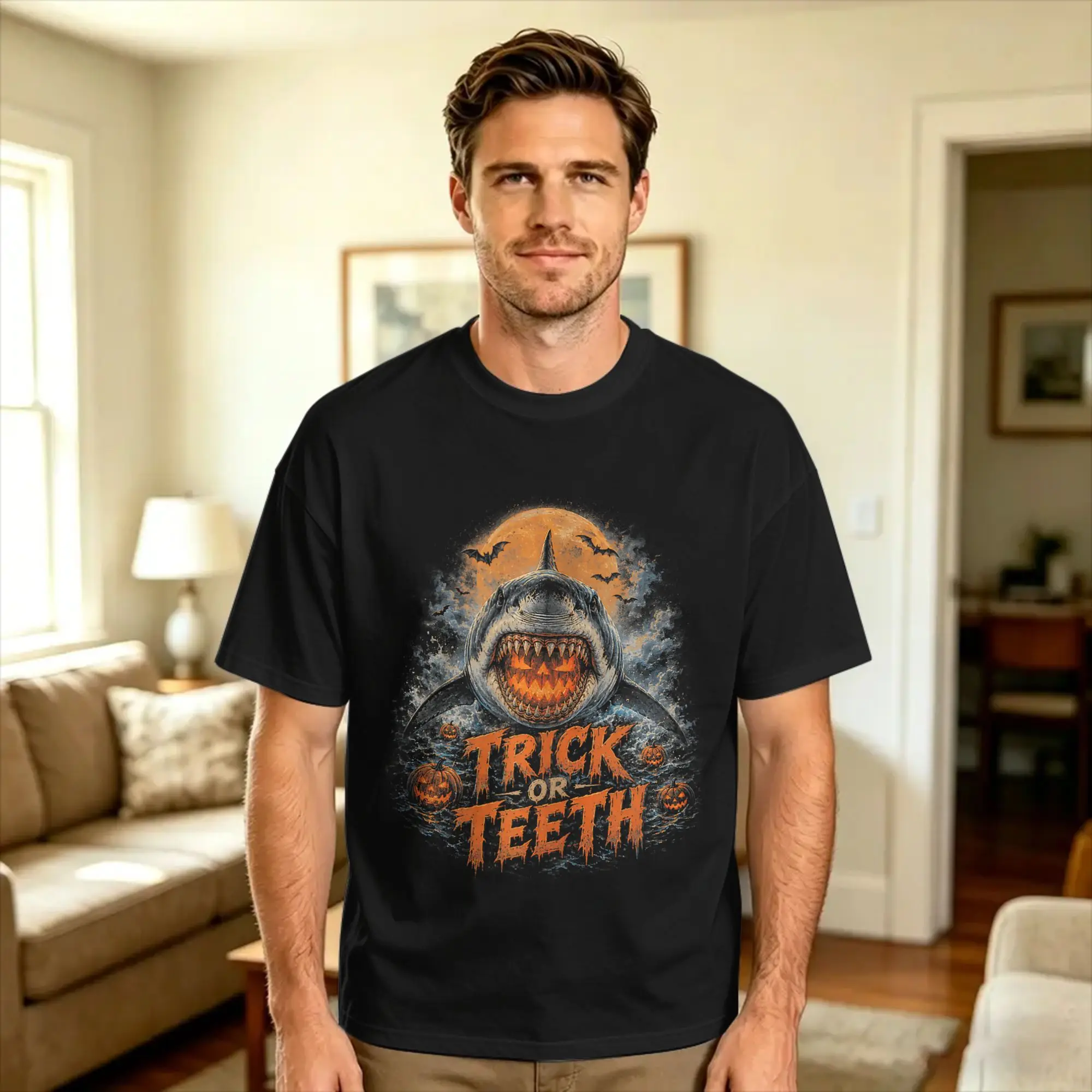 Halloween Trick Or Teeth Shark Pumpkin Fright T Shirt  Trendy Cool T Shirts Short Sleeve Awesome Tops Summer 100% Cotton Tees