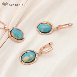S&Z DESIGN New 585 Rose Gold Color Egg Shape Synthetic Turquoises Drop Earrings Jewelry Sets For Women Wedding Pendant Necklace