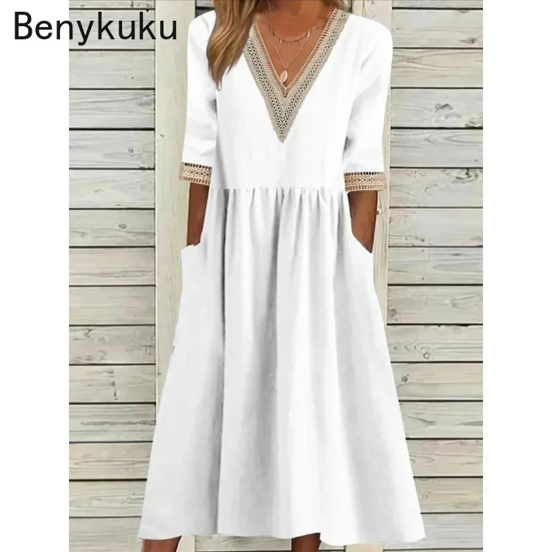 Sukienka damska z krótkim rękawem, dekoltem w serek, z bawełny i lnu, nowa kolekcja lato 2026, luźna sukienka midi w stylu vintage, elegancka, z wstawkami, codzienna sukienka typu robe.