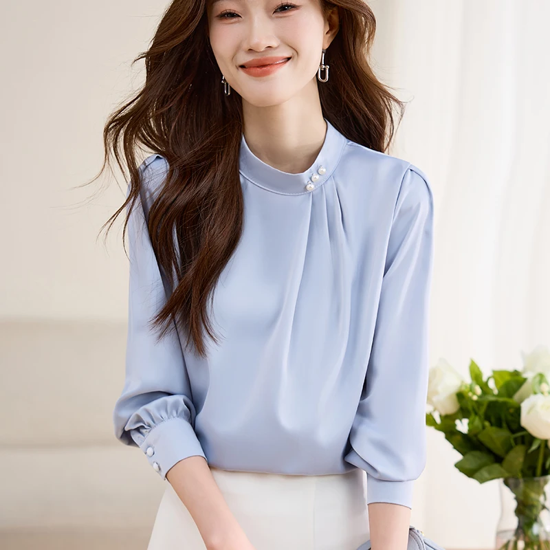 Satin Shirt Women Long Sleeve Womens Tops Fashion Pearls Beading Stand Collar Elegant Blouses 2024 Spring Chiffon Blusas Mujer