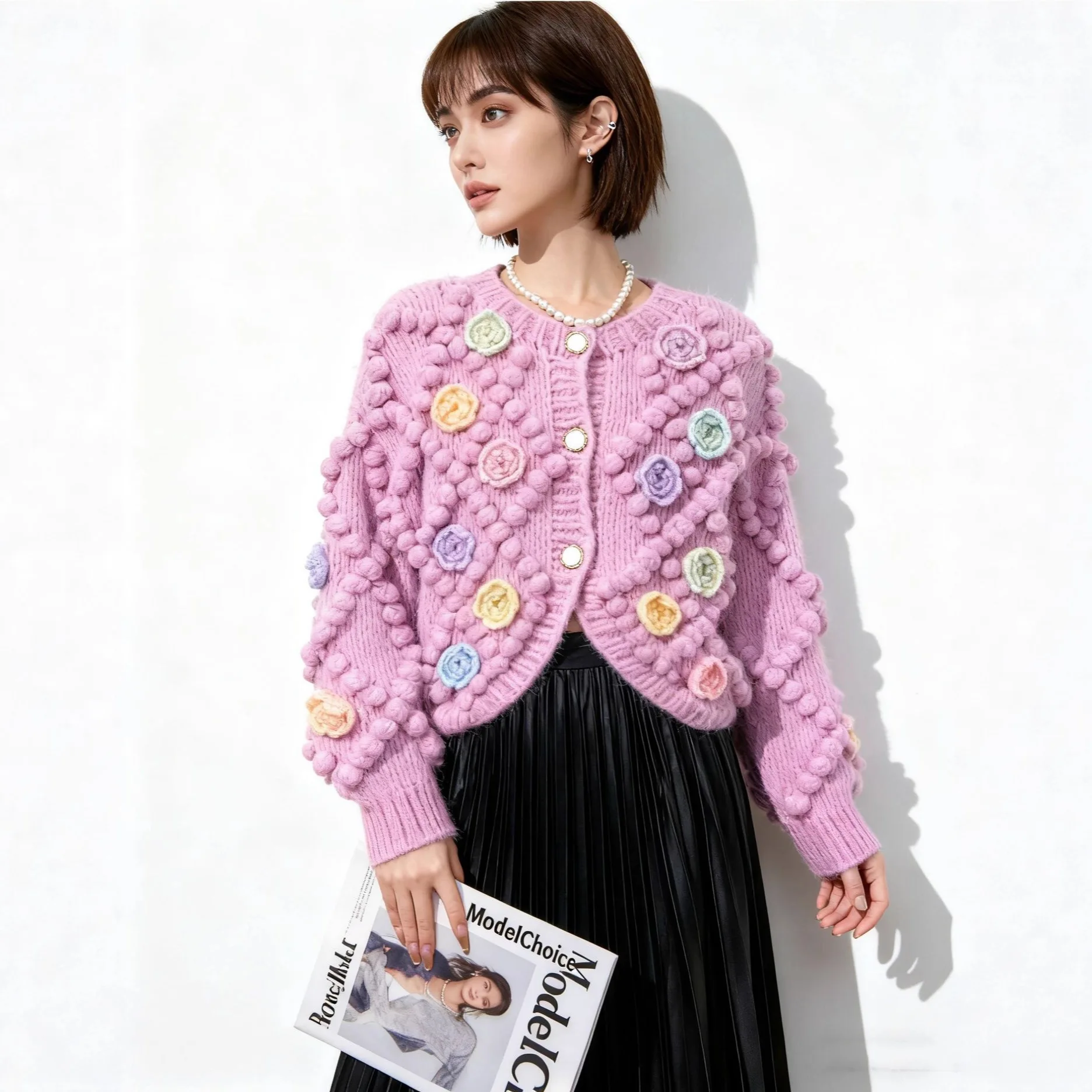 

Свободный толстый вязаный кардиган для женщин на осень и зиму с розово-красным свитером с цветочным принтом