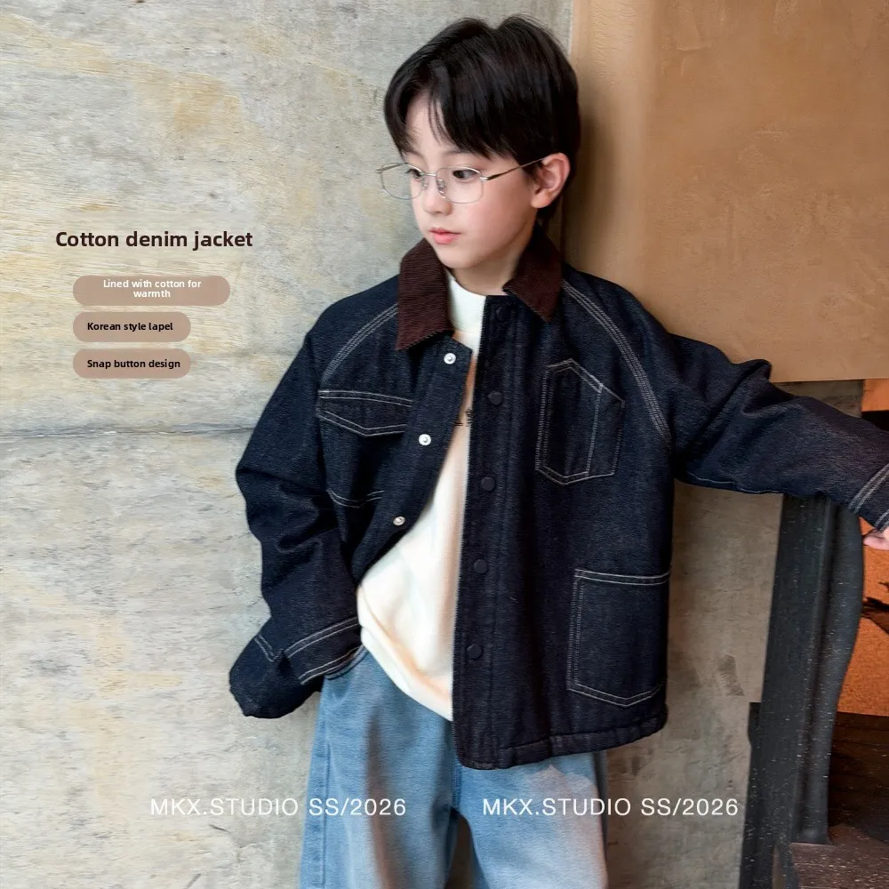 2026 New Boys Quilted Denim Jacket Winter, Big Kids Thick Padded Warm Coat, Fashion Children Boys Winter Outerwear